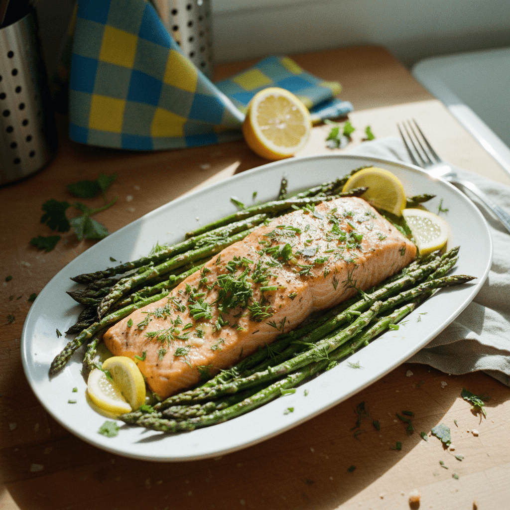 Baked Salmon with Roasted Asparagus and Cherry Tomatoes