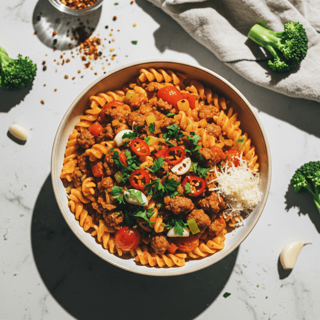 Spicy Sausage and Tomato Pasta Sauce with Broccoli and Leek