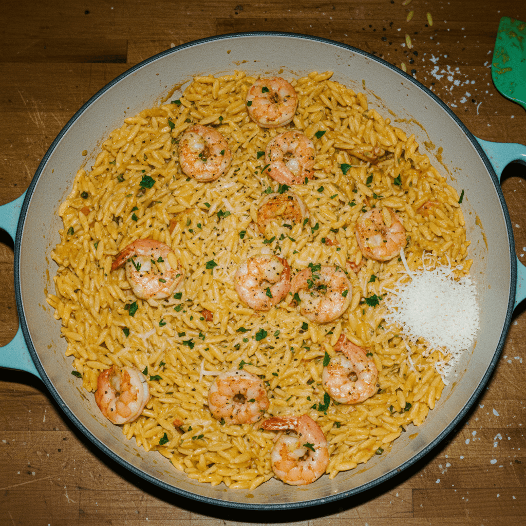 Easy 1-Pan Cheesy Orzo Pasta with Shrimp