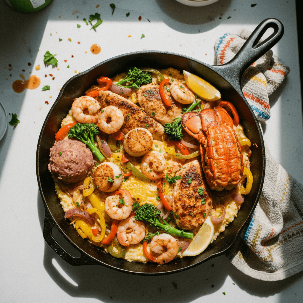 Upgraded Skillet with Chicken, Shrimp, Scallops, and Lobster
