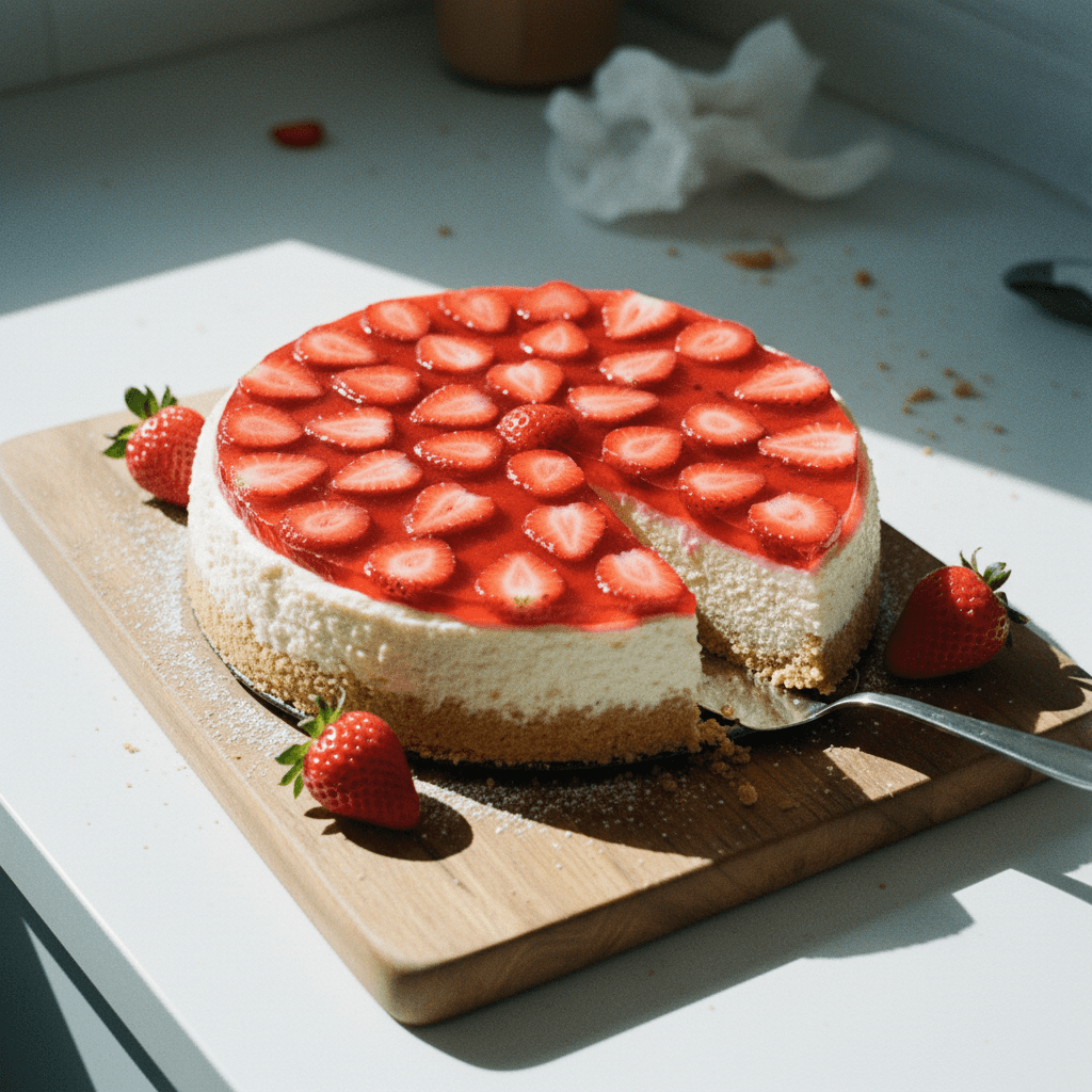 Cheesecake with Animal Cracker Crust and Strawberry Topping