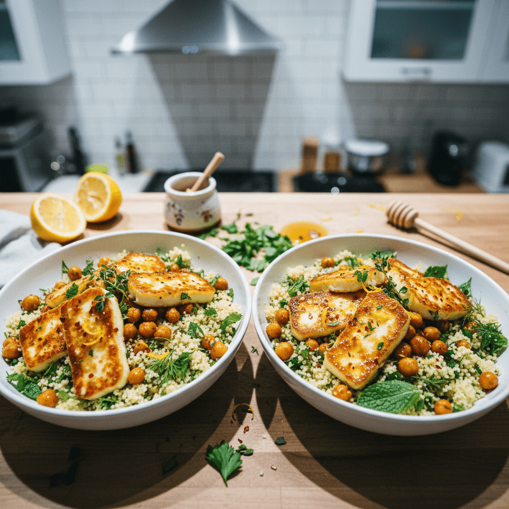 Hot Honey Halloumi Bowls with Crispy Chickpeas & Herby Couscous