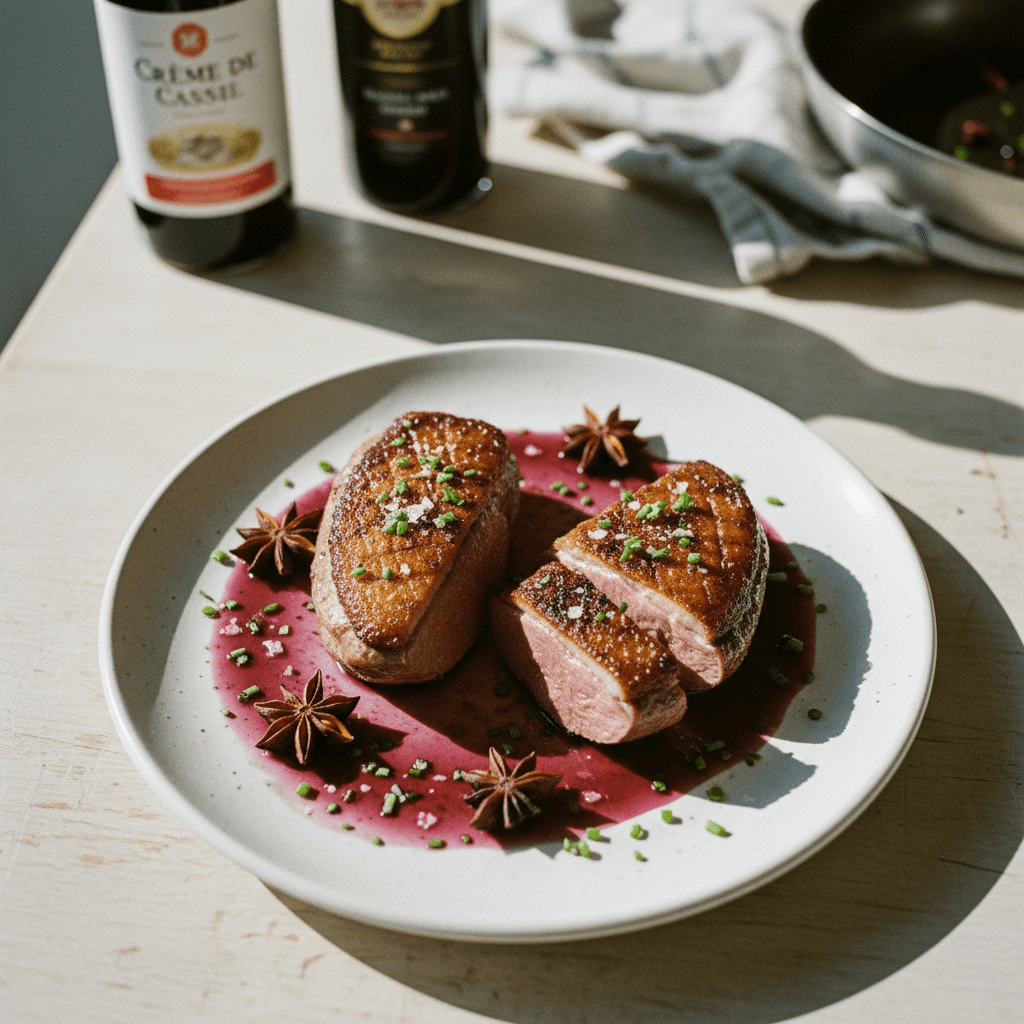 Gebakken Eendenborst met Crème de Cassis en Steranijs Saus