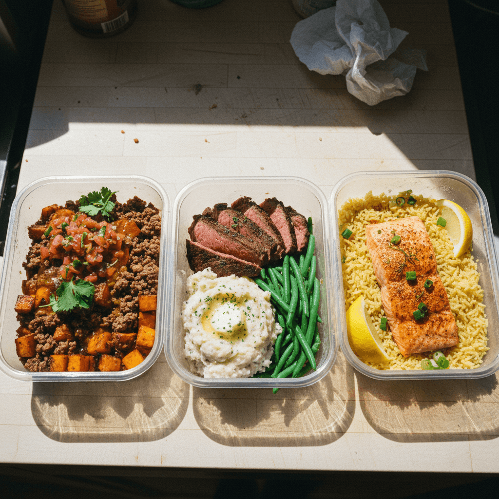 Meal Prep (Sweet Potato & Ground Beef, Steak & Mashed Potatoes with Green Beans, Baked Salmon & Yellow Rice)