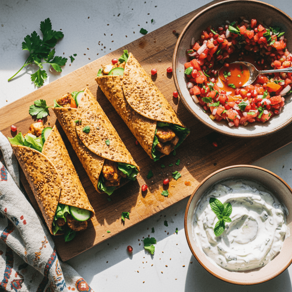 Seeded Turkish Chicken Wraps with Tomato Salsa & Yoghurt Cucumbers