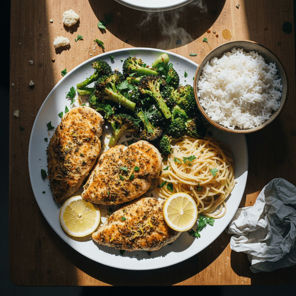 Lemon Herb Chicken with Roasted Broccoli and Rice