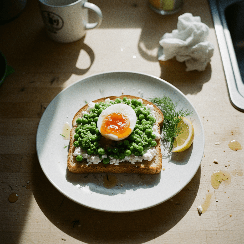 Lemon & Dill Smashed Peas Toast with Creamy Cottage Cheese and Jammy Boiled Egg