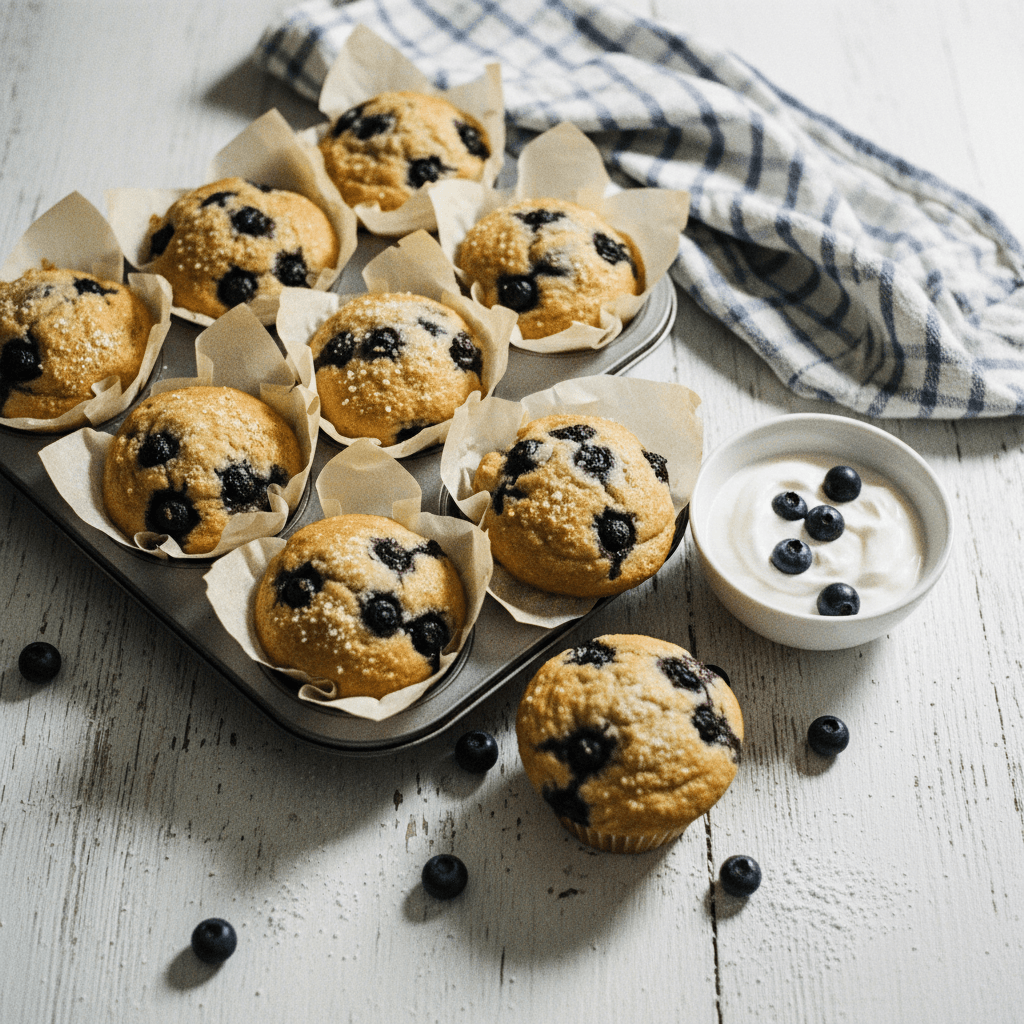 One-Bowl Fluffy Blueberry Greek Yogurt Muffins