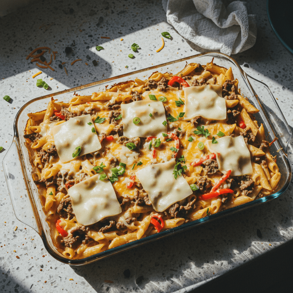 Philly Cheesesteak Pasta Casserole