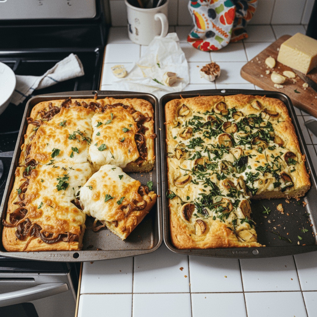 Cheesy Garlic Focaccia (with Caramelized Onion and Herb variations)