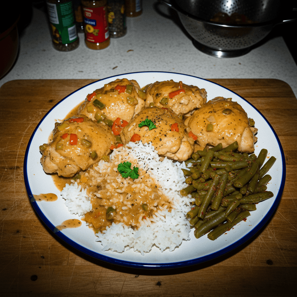 Smothered Chicken, Green Beans, and White Rice