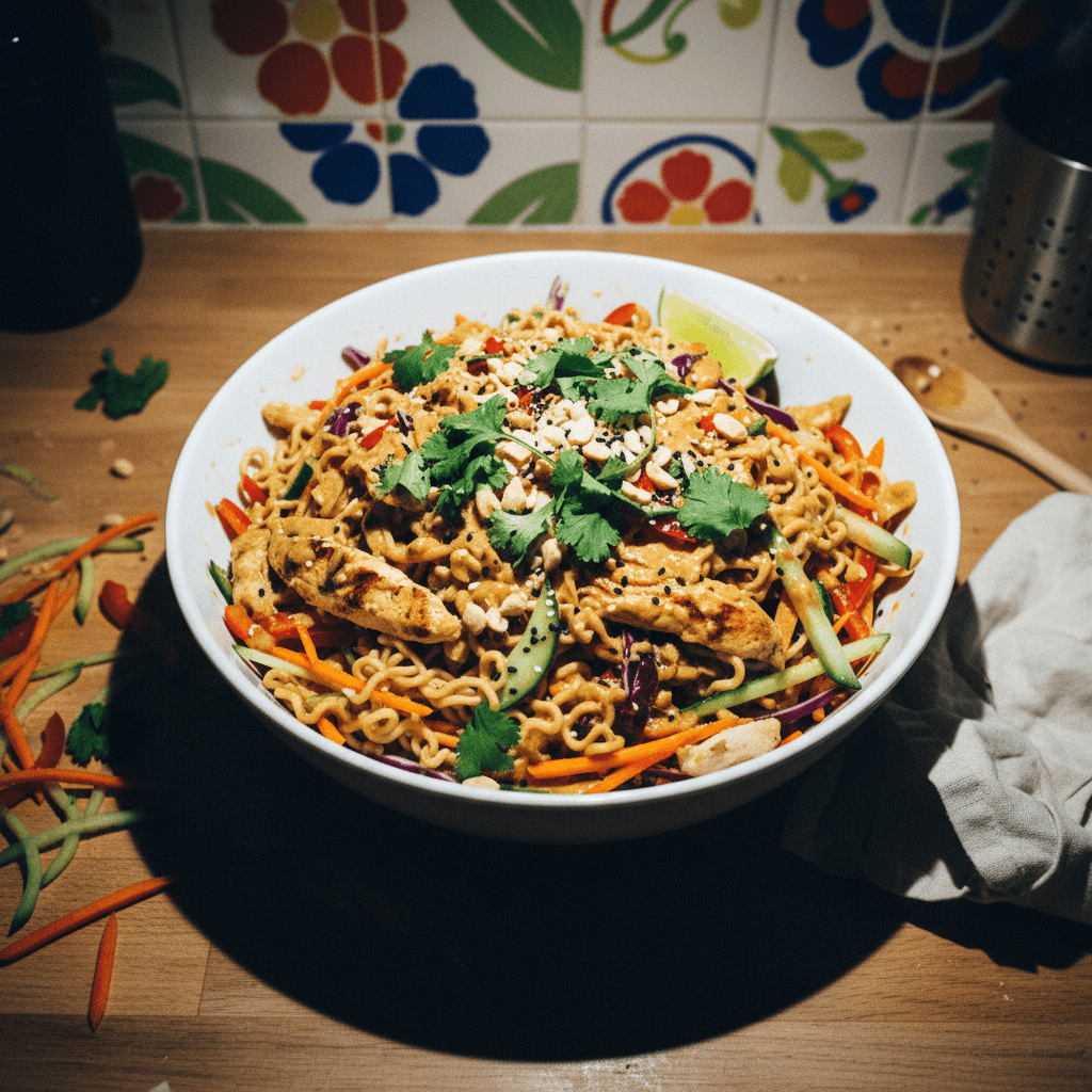 Asian Noodle Salad with Chicken and Peanut Ginger Dressing