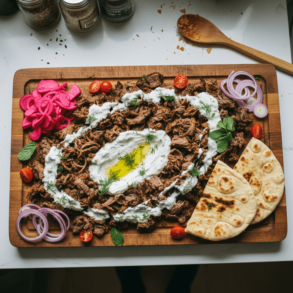 Beef Shawarma with Pickled Turnips & Roasted-Garlic Tzatziki