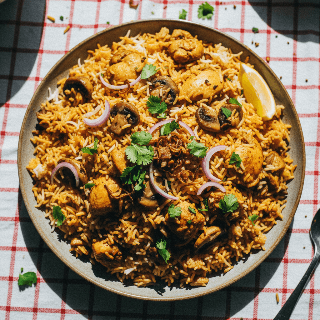 Mushroom and Chicken Biryani
