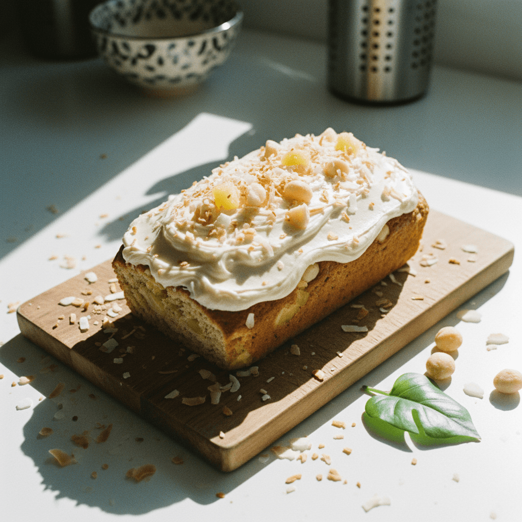 Tropical Macadamia Banana Bread with Coconut Cream Cheese Frosting