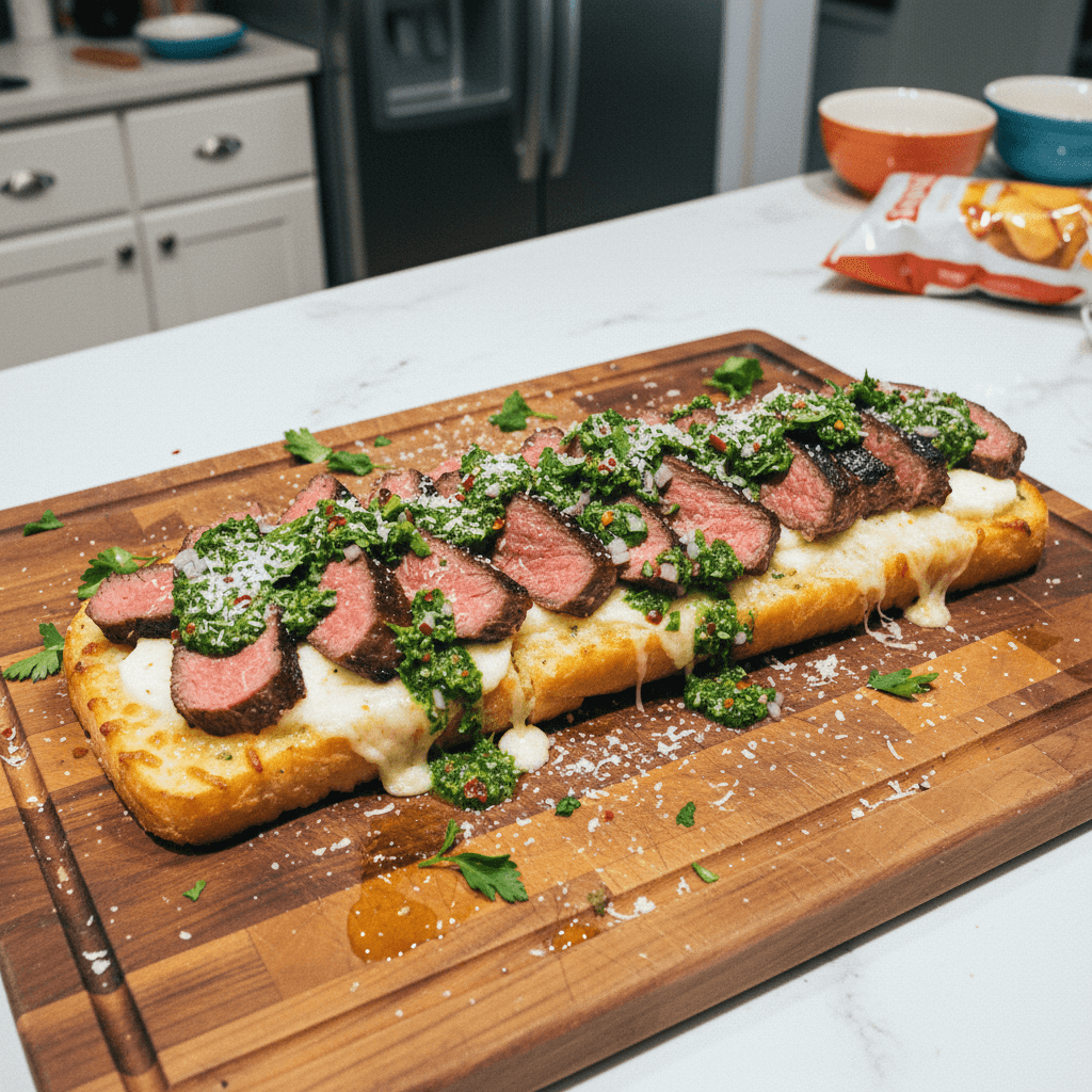 Steak and Chimichurri Garlic Bread