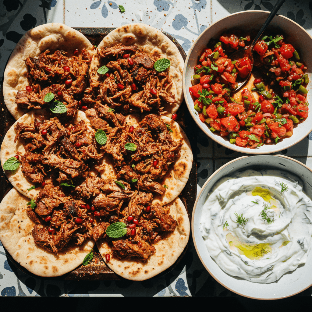 Sticky & Spicy Slow Cooked Lamb Kebabs with Charred Tomato Ezme Salsa & Yoghurt Cucumbers