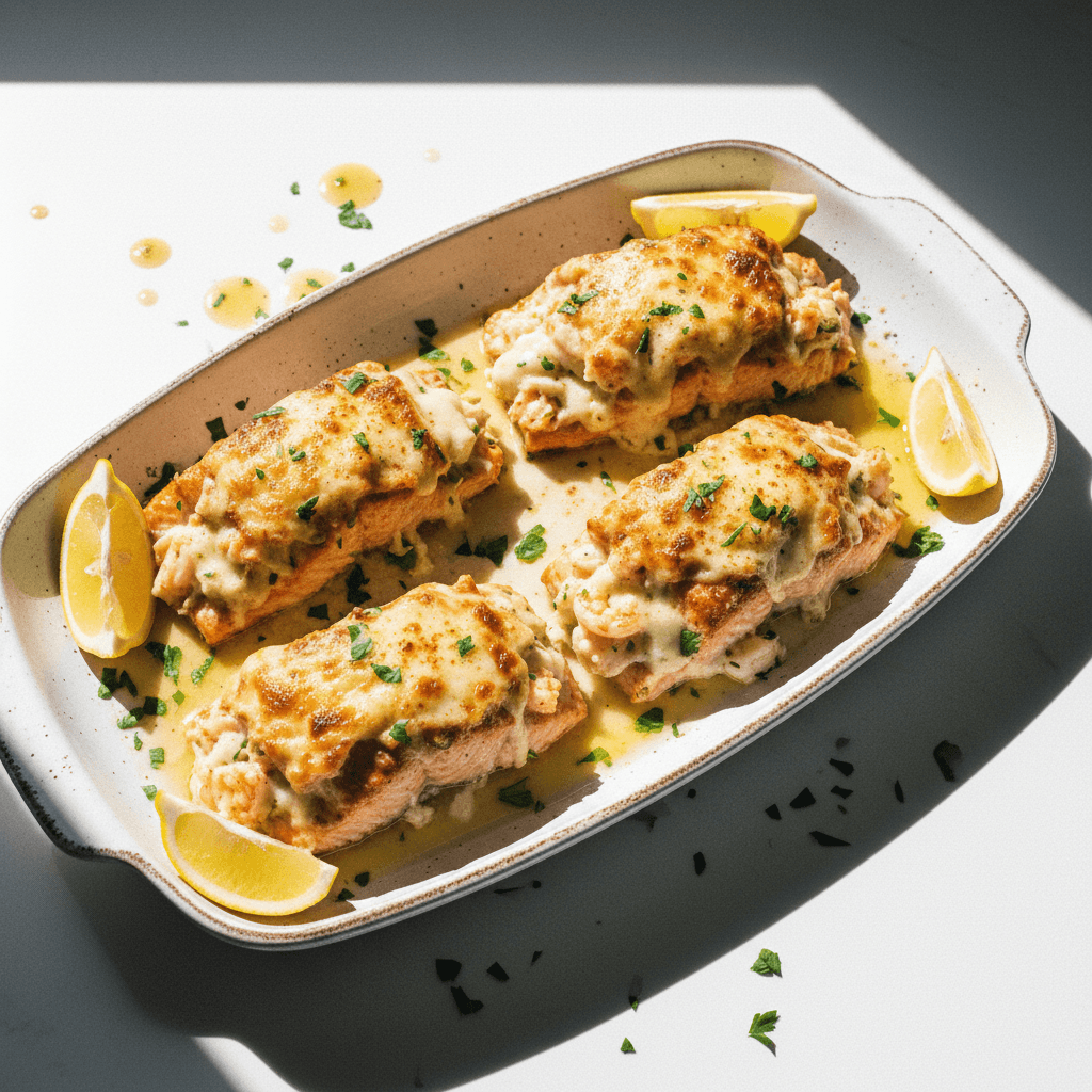 Lemon Garlic Parmesan Crab & Shrimp Stuffed Salmon