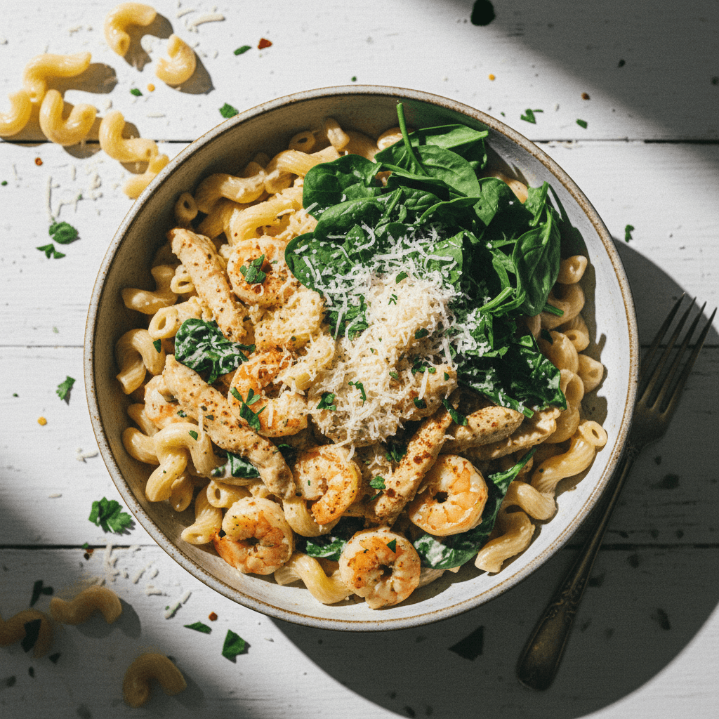 Garlic Parmesan Chicken & Shrimp Pasta