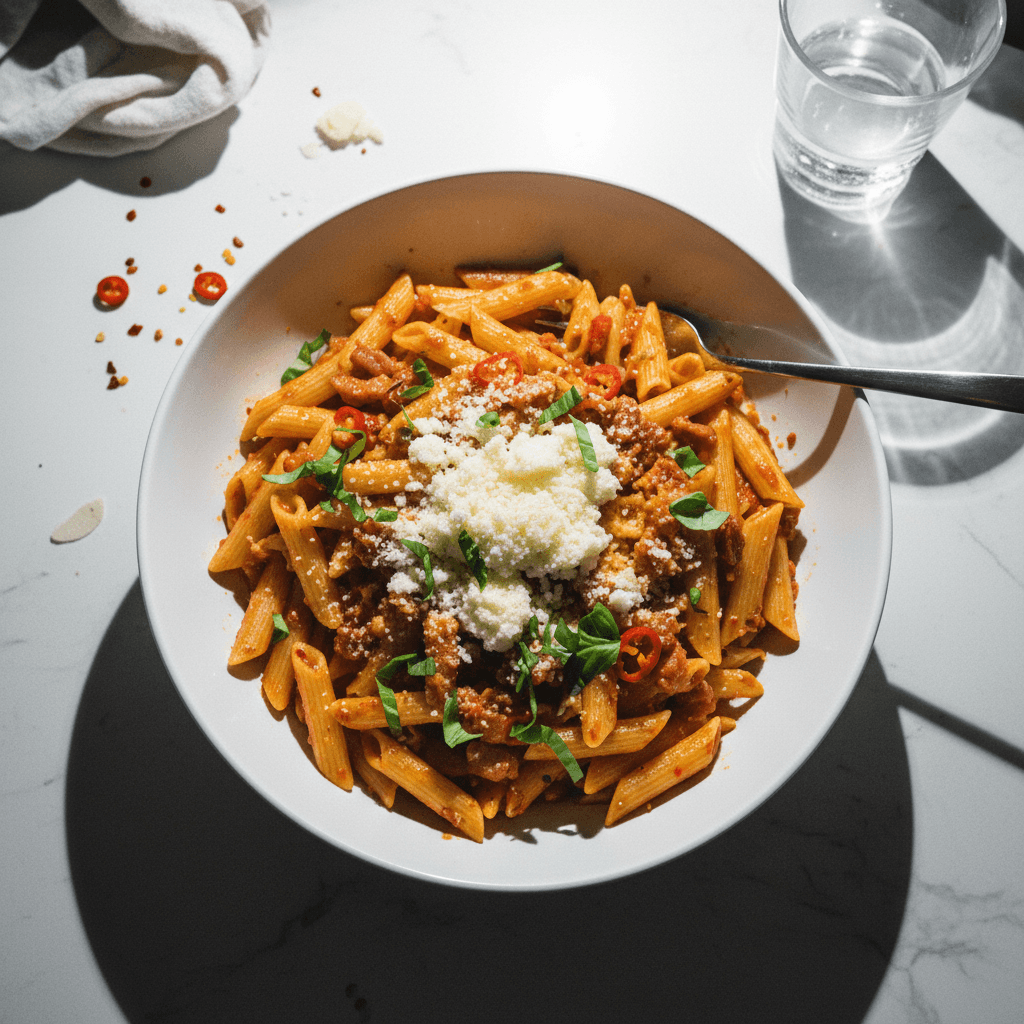 Spicy Arrabiata Penne with Crispy Pancetta
