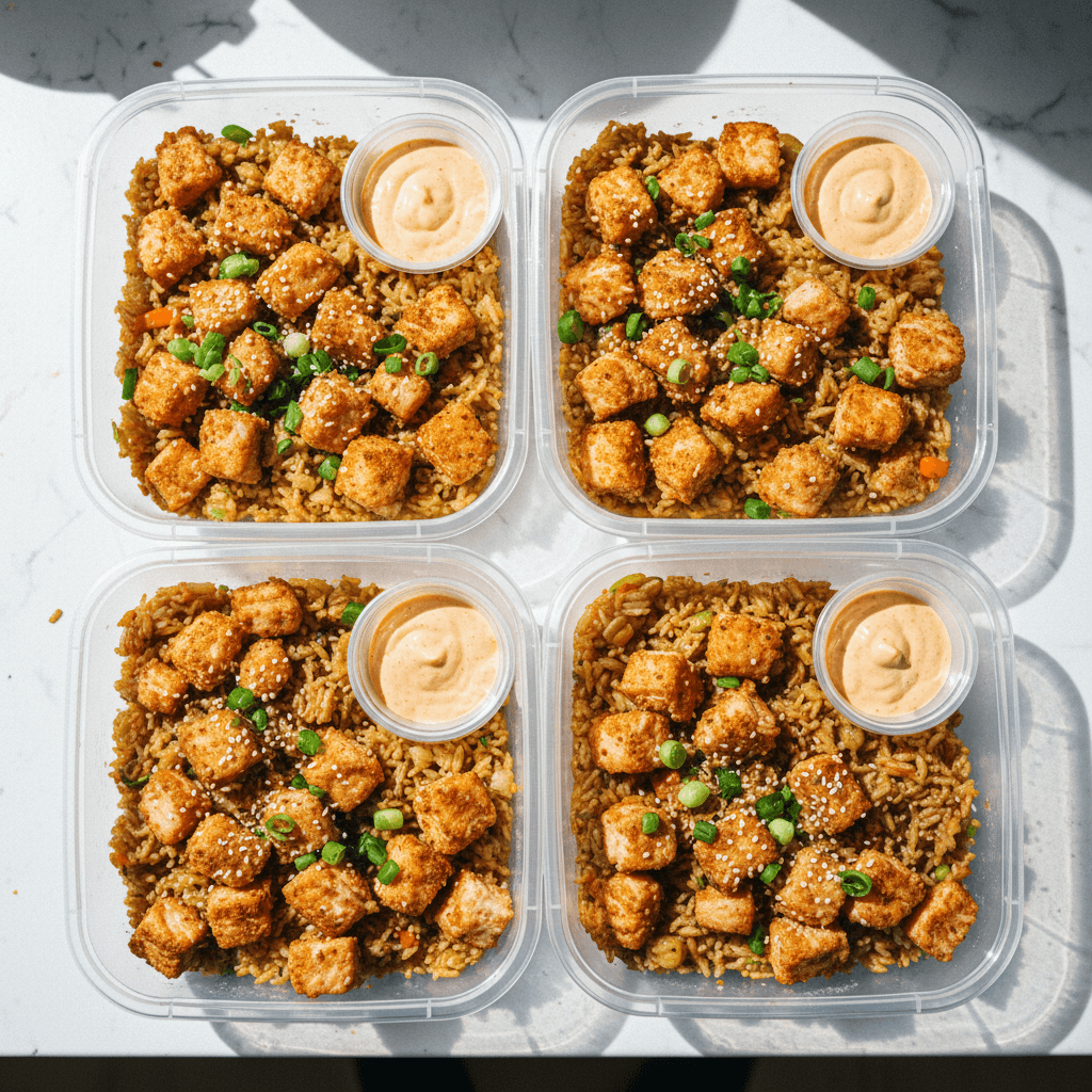 High Protein Crispy Salmon Fried Rice Meal Prep