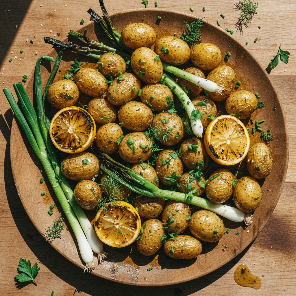 Very Herby BBQ Potatoes with Charred Lemon and Spring Onion
