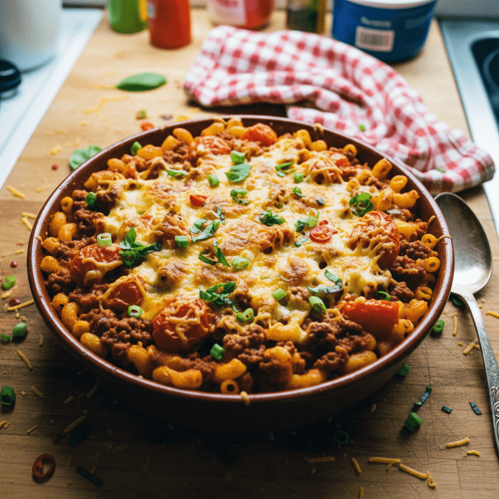 Cheesy Beef and Tomato Macaroni Bake