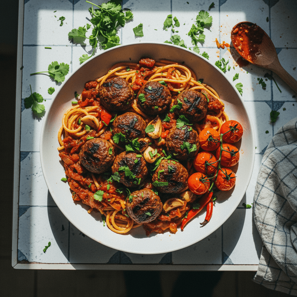 Smoky Meatballs with Grilled Tomato & Red Wine Sauce