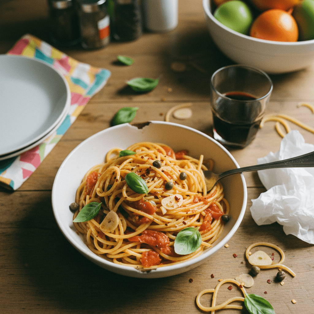 Late Night Pasta with Garlic, Capers, Chili, and Tomato