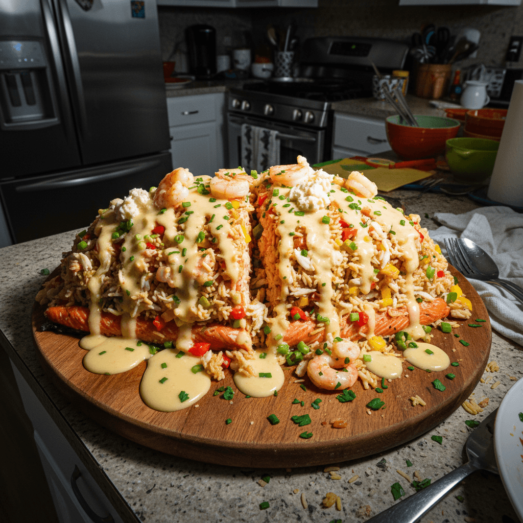 Crab and Shrimp Seafood Rice Stuffed Salmon with Creamy Butter Sauce