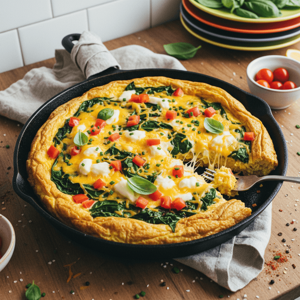 Potato Omelette with Cheese, Spinach, and Tomato