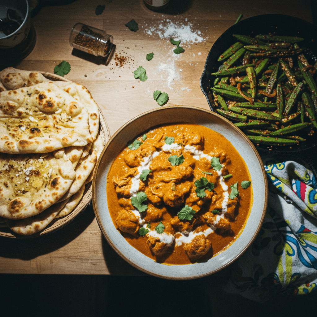 Creamy Butter Chicken with Homemade Garlic Naan and Spicy Okra