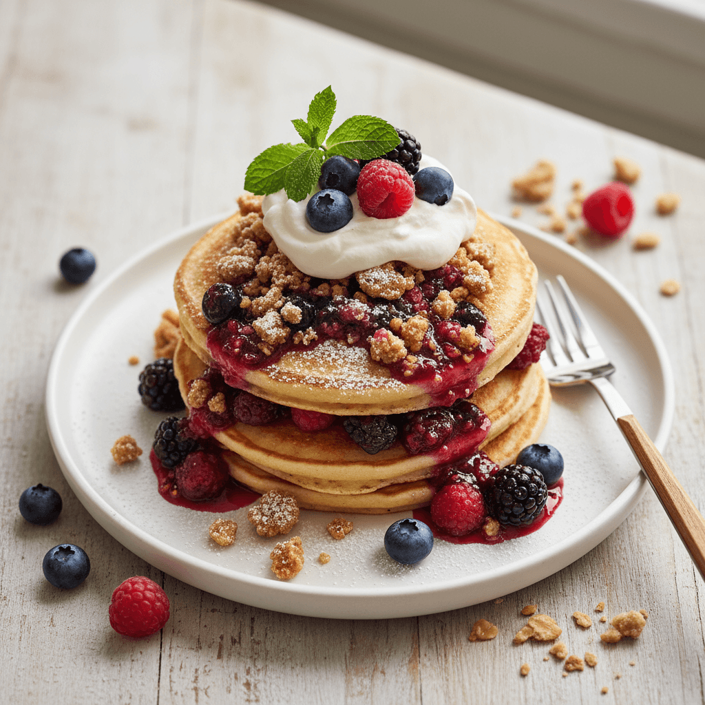 Berry Crumble Pancakes with Whipped Cream