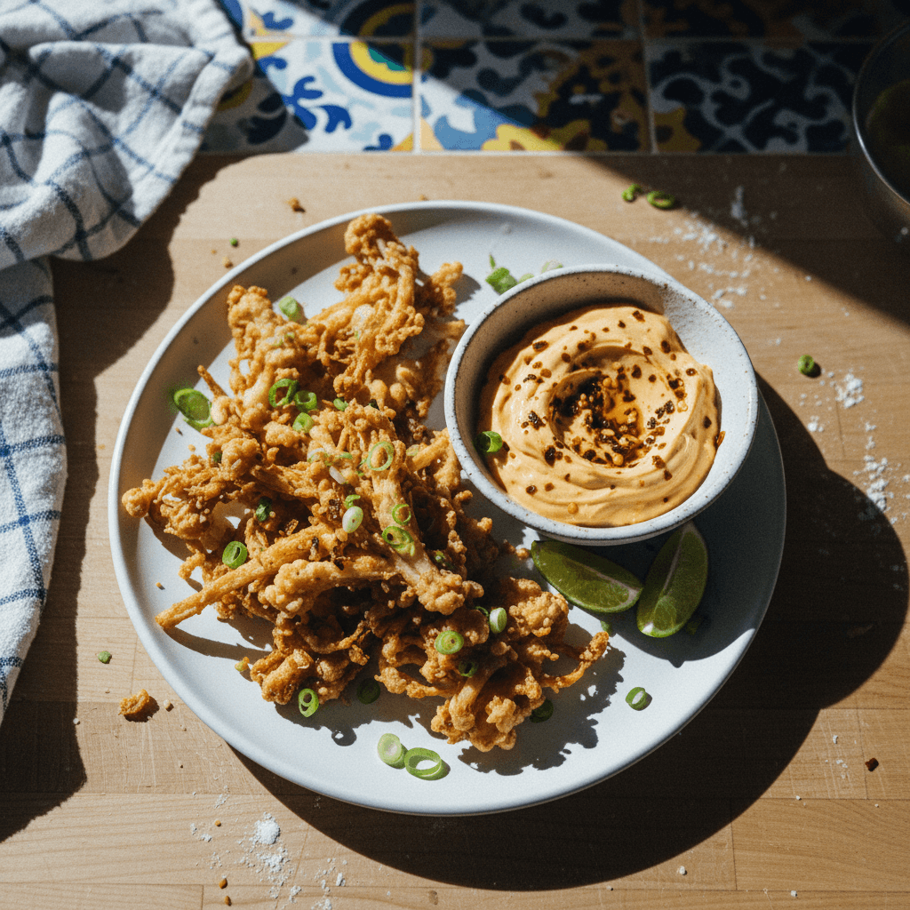 Fried Enoki Mushrooms with Chili Crisp Mayo