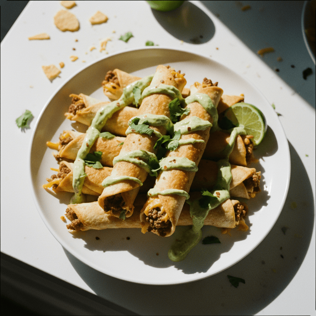 Crispy Cheesy Beef Taquitos with Creamy Avocado Sauce