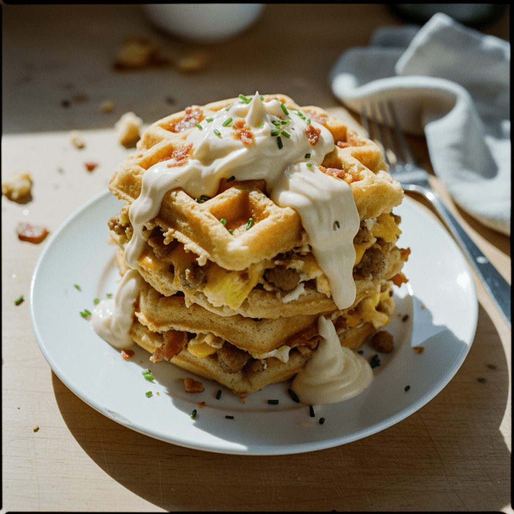 Stuffed Breakfast Biscuit Waffles with Whipped Honey