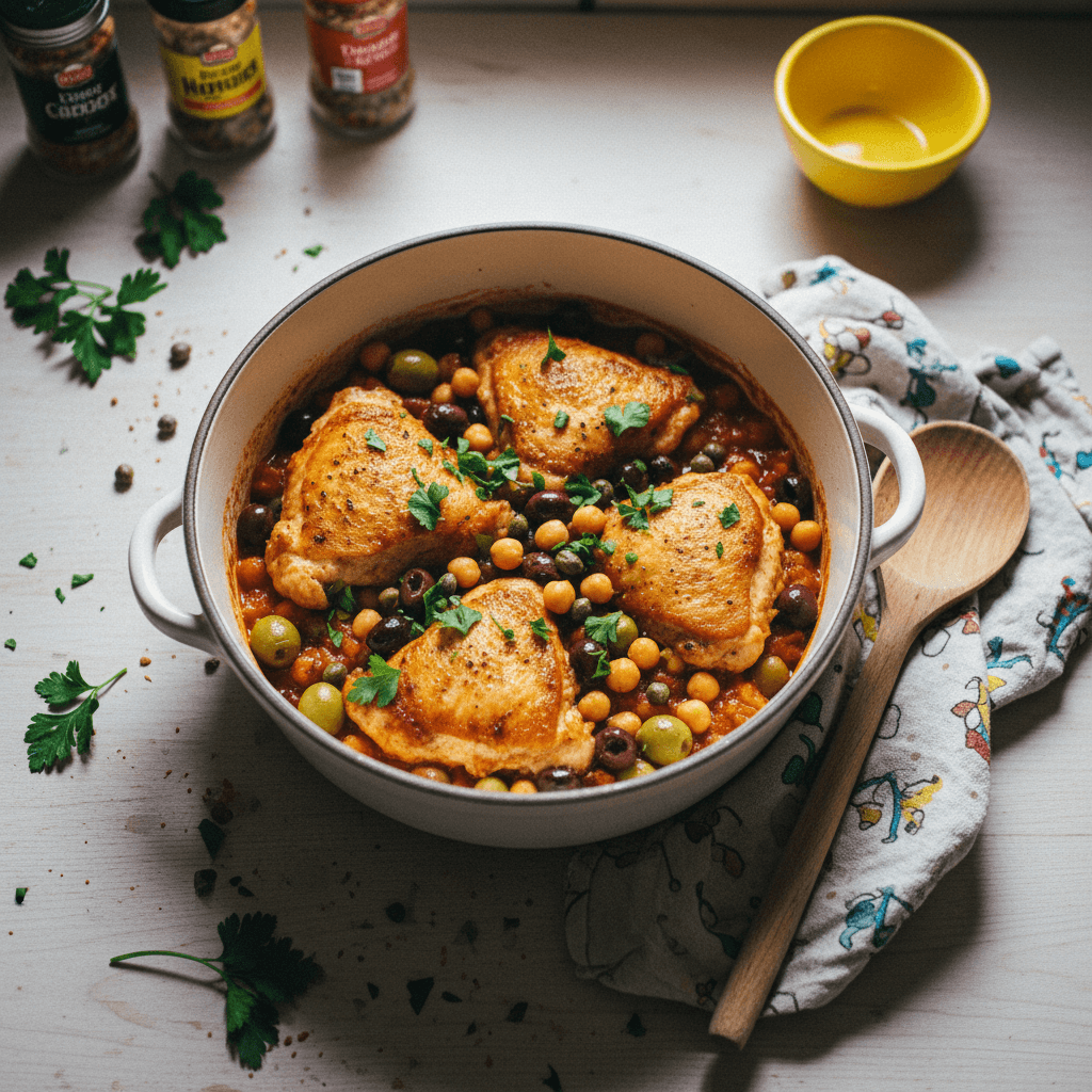 One Pot Chicken with Olives, Capers + Chickpeas