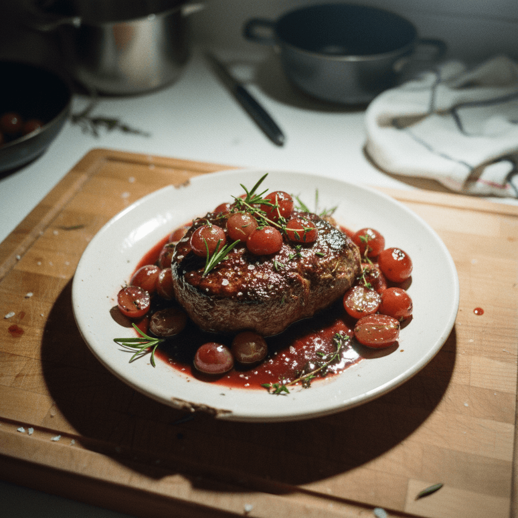 Red Wine Reduction Steak with Grapes