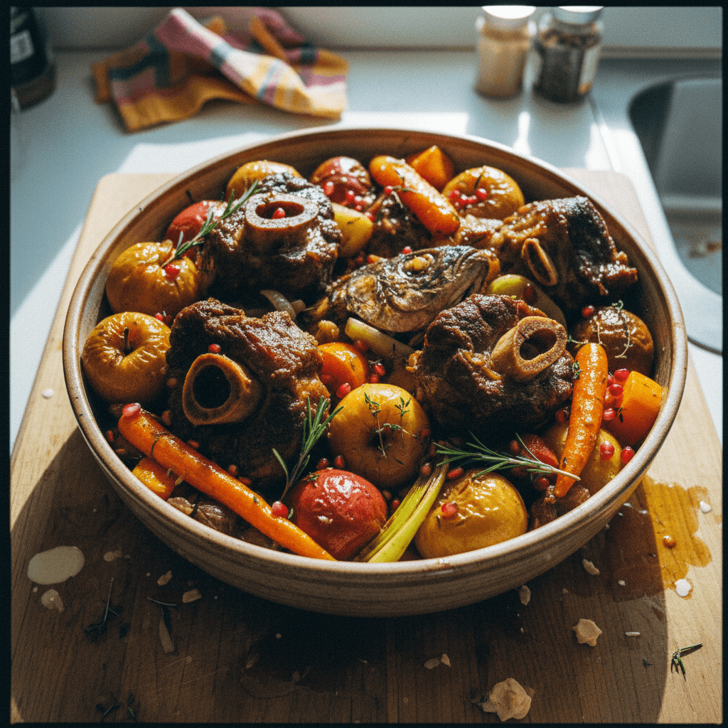 Rosh Hashanah Simanim Stew with Oxtail and Beef Ribs (Braised Head and Tail Meat with Symbolic Vegetables)