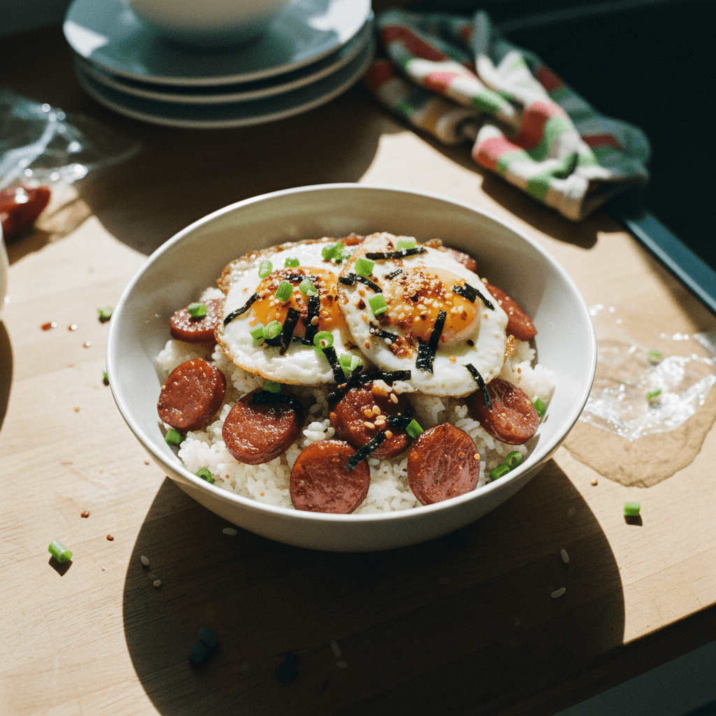 Chinese Sausage Rice Cooker Meal with Chili Crisp Fried Eggs
