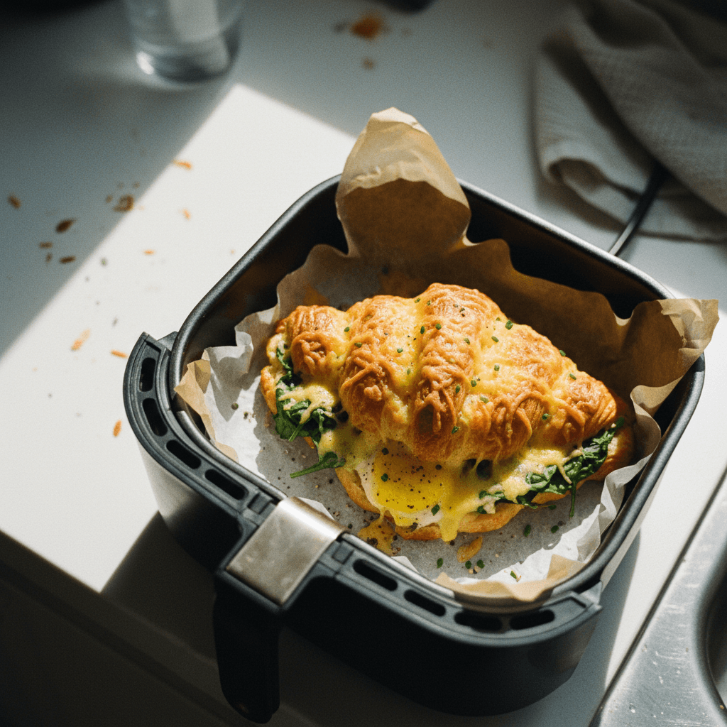 Spinach & Egg Croissant in the Air Fryer with a Golden Cheesy Crust