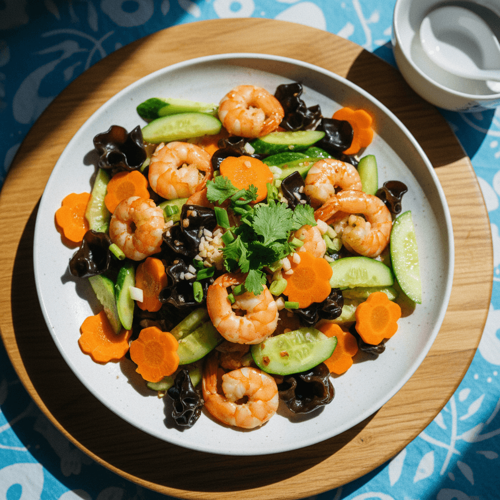 Stir-fried Shrimp with Cucumber, Carrots, and Wood Ear Mushrooms