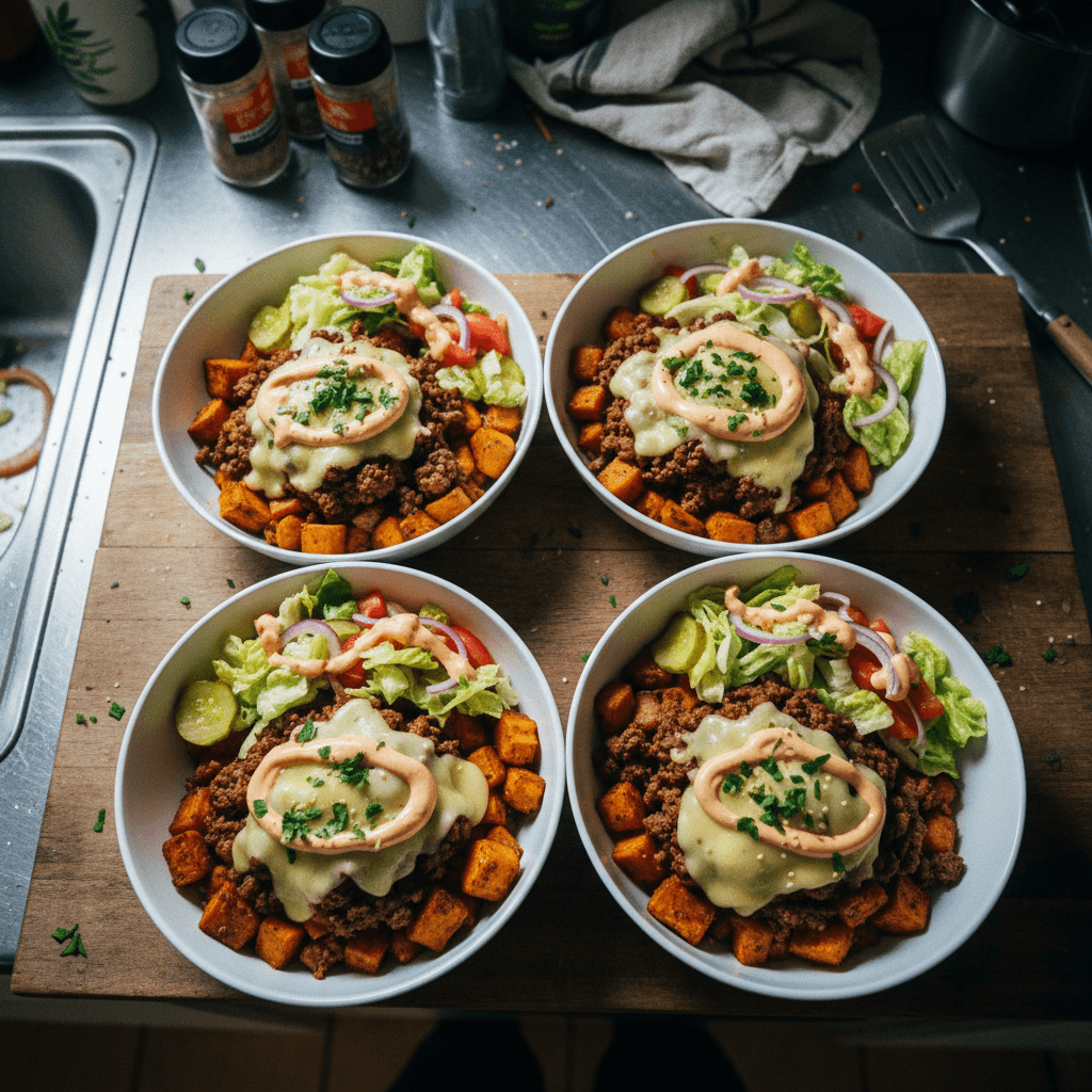 High Protein Cheese Burger Potato Bowls!