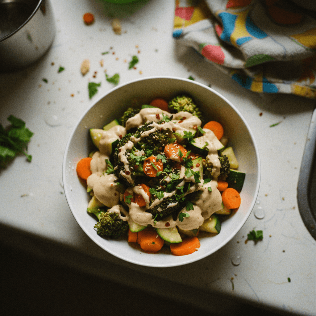 Steamed Vegetable Medley with Tahini Dressing