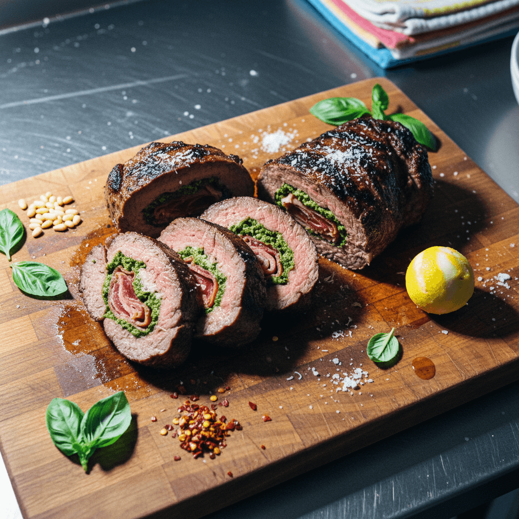 Stuffed Bavette With Jamón Ibérico, Parmesan & Homemade Pesto