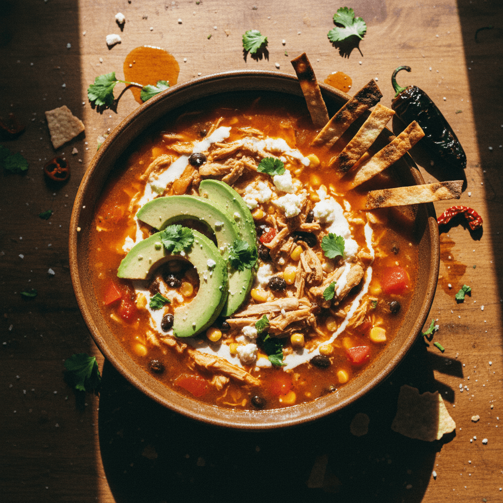 Spicy Chicken Tortilla Soup with Avocado