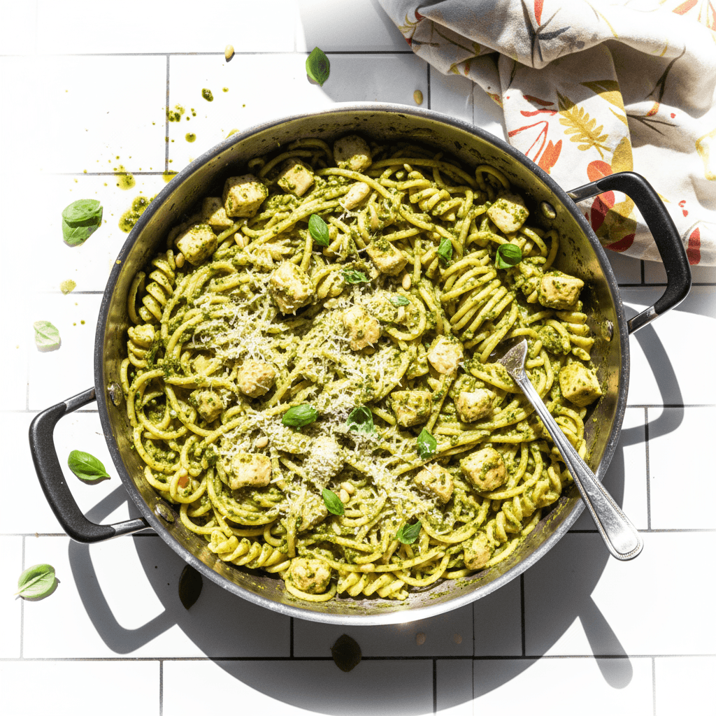 One-Pan Creamy Pesto Chicken Spaghetti