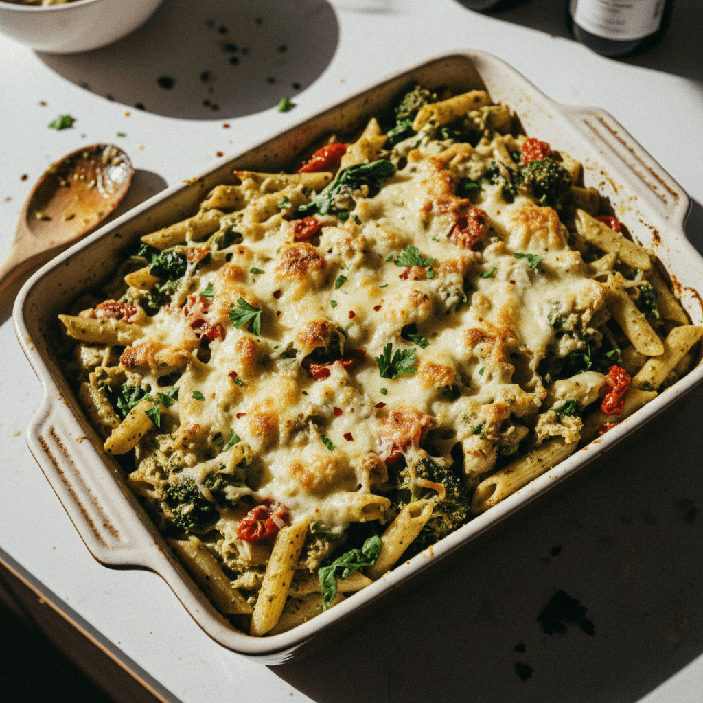 Creamy Pesto Chicken Pasta Bake