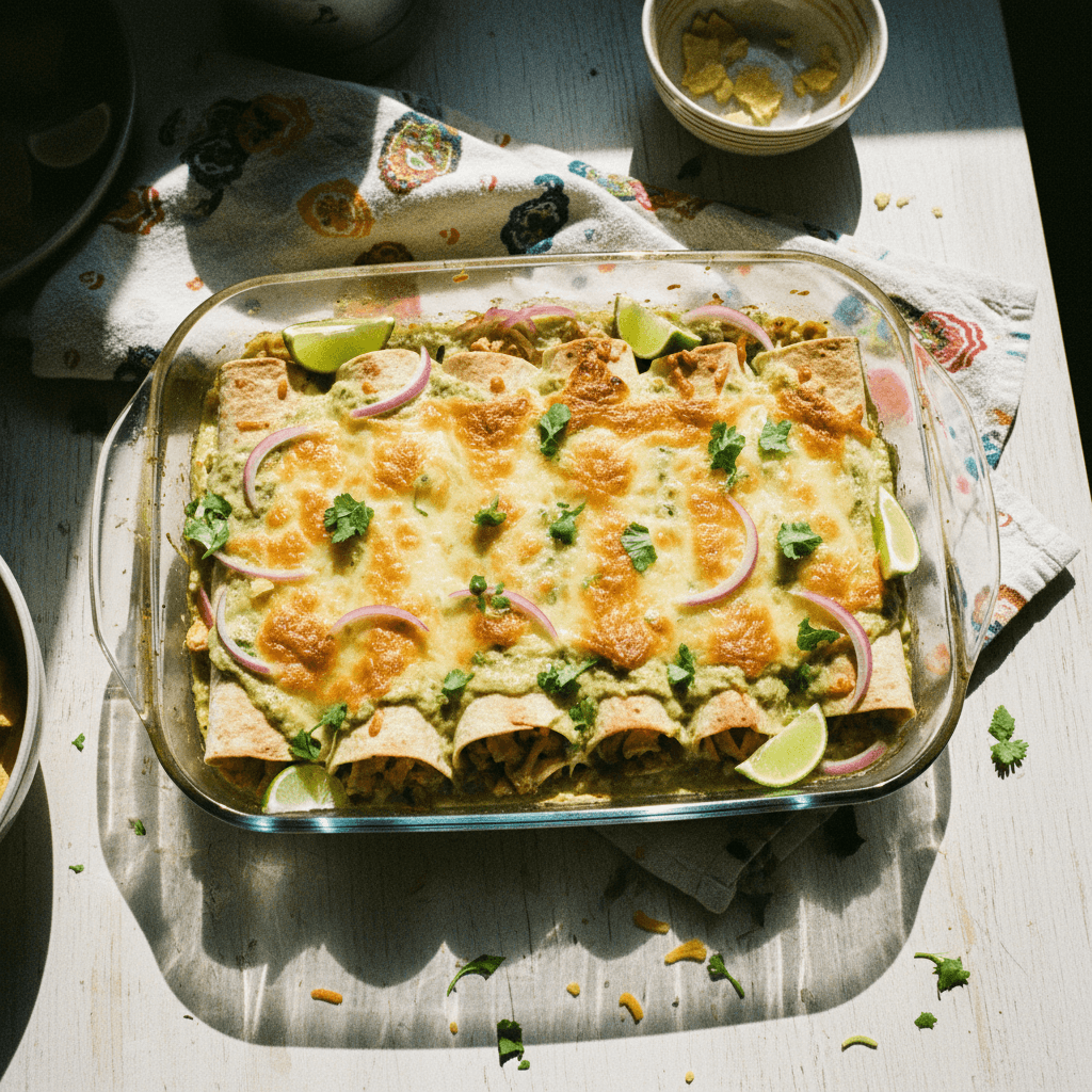 High Protein Creamy Verde Chicken Enchiladas