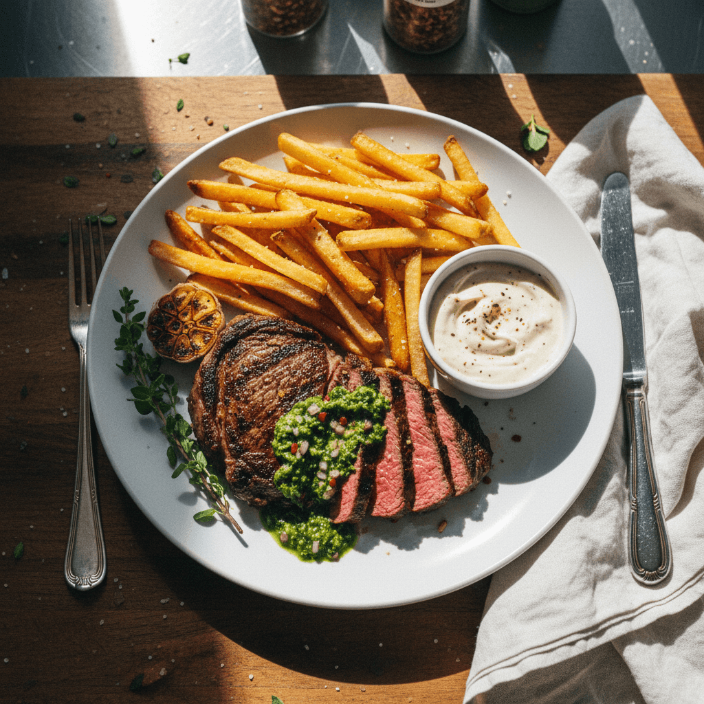 Steak & Frites with Chimichurri + Roasted Garlic Aioli